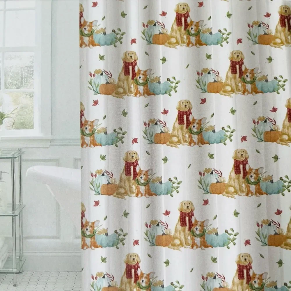 Fall Autumn Dogs Pumpkin Patch Fabric Shower Curtain